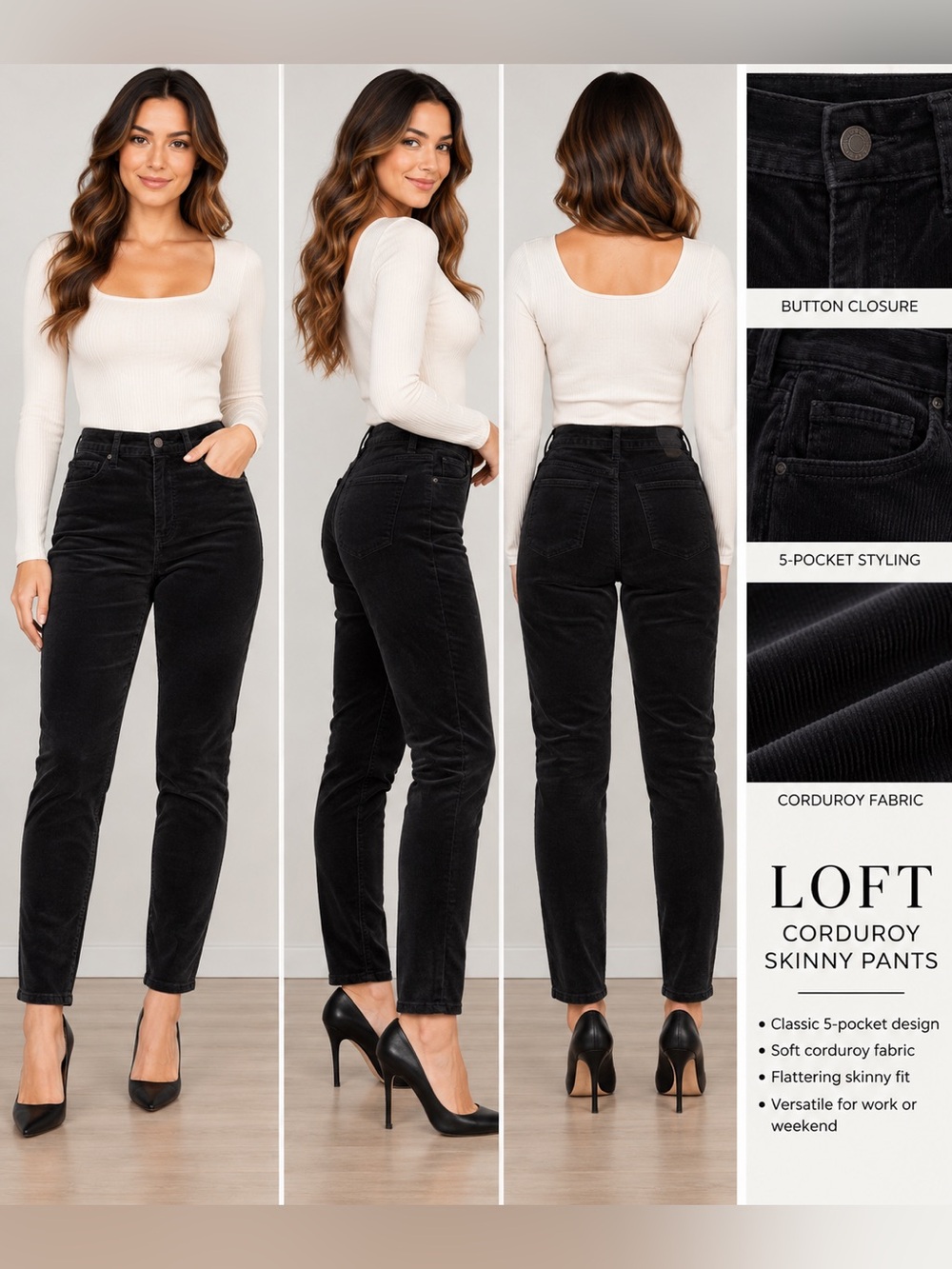 LOFT Black Velvet Velveteen High-Rise Skinny Slim Leg Pants Size 27/4
